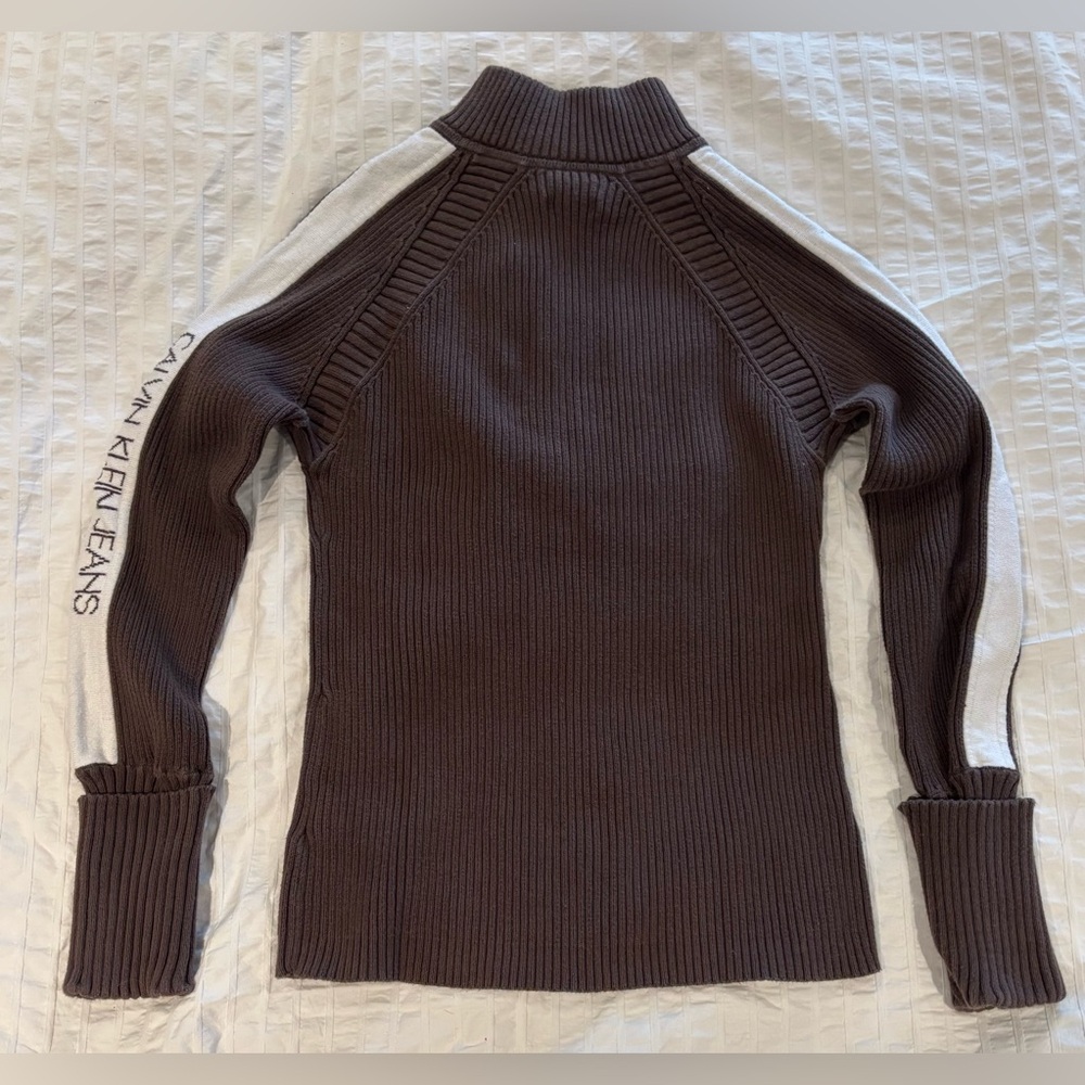 VINTAGE 90’s Brown Ribbed Half-Zip Sweater Made in Macau Chunky Stretch Knit M - Picture 3 of 6